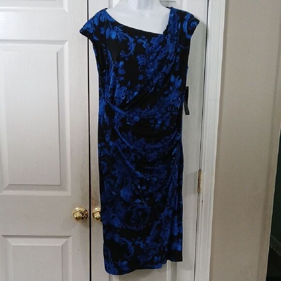 Connected Apparel royal blue black floral print business casual dress Sz 12 NWT - Picture 1 of 9